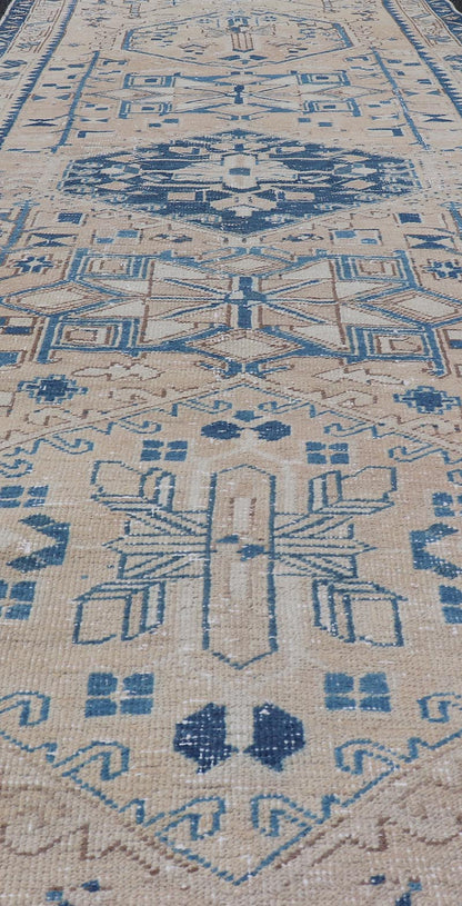 Vintage Persian Heriz Runner with Medallions in Light brown, Tan and Various Blue. Keivan Woven Arts rug CRV - 10056887, country of origin / type: Iran / Heriz, circa mid - 20th century Measures: 3'4 x 9'7 This magnificent Persian rug from the m... - Keivan Woven ArtsCRV - 10056887 - 21409Rug