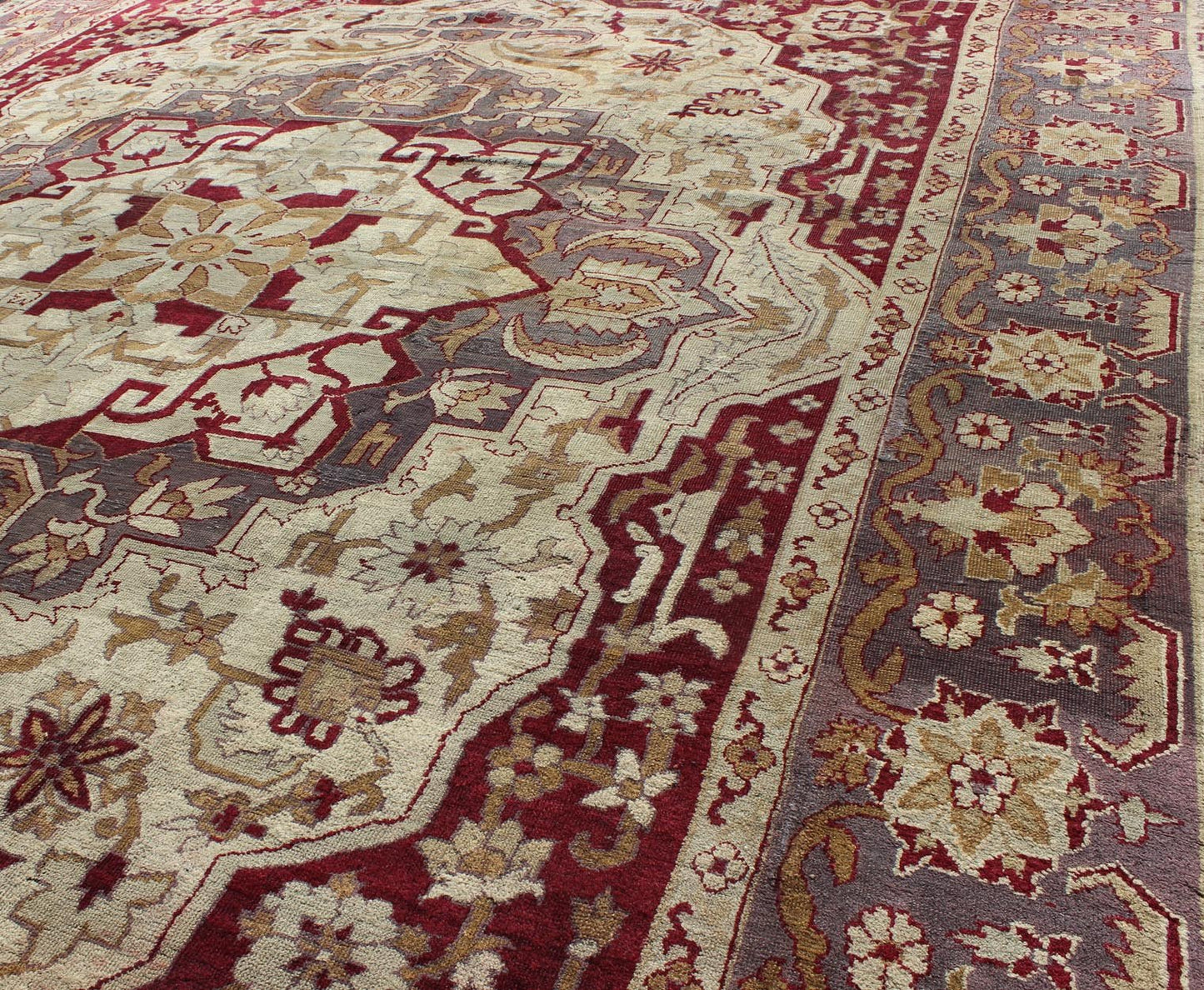 Antique 19th Century Indian Agra Carpet with a Floral Medallion Design in Cream, Maroon, Gold, and Gray/Light Purple. Keivan Woven Arts/ Rug/D - 0101, country of origin / type: India / Agra, circa 1880's. Antique Agra Carpet Measures: 10' x 12'5" ... - Keivan Woven ArtsD - 0101 - 493Rug