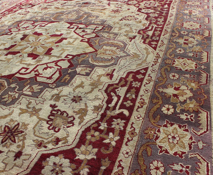 Antique 19th Century Indian Agra Carpet with a Floral Medallion Design in Cream, Maroon, Gold, and Gray/Light Purple. Keivan Woven Arts/ Rug/D - 0101, country of origin / type: India / Agra, circa 1880's. Antique Agra Carpet Measures: 10' x 12'5" ... - Keivan Woven ArtsD - 0101 - 493Rug