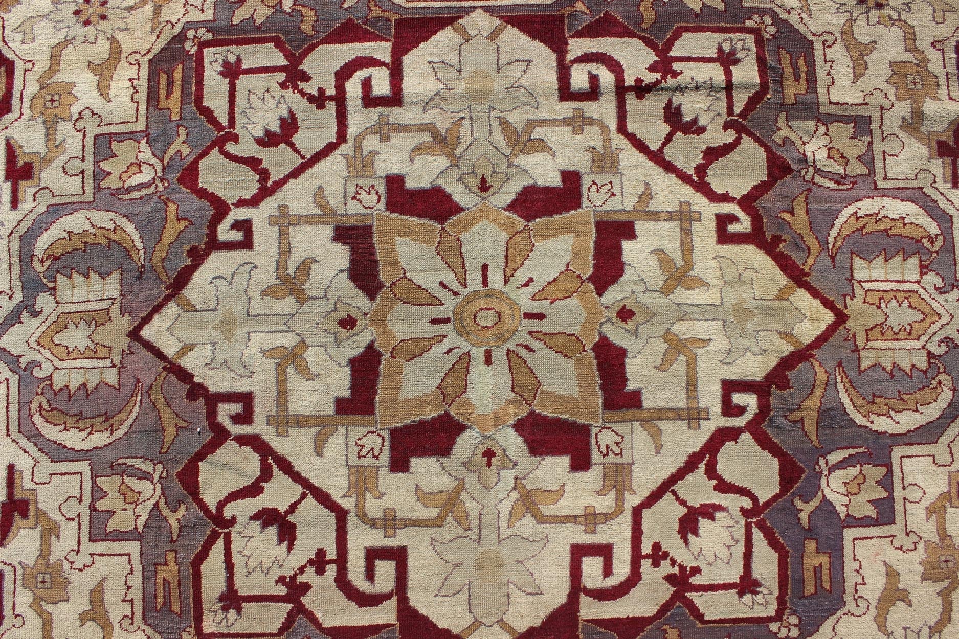 Antique 19th Century Indian Agra Carpet with a Floral Medallion Design in Cream, Maroon, Gold, and Gray/Light Purple. Keivan Woven Arts/ Rug/D - 0101, country of origin / type: India / Agra, circa 1880's. Antique Agra Carpet Measures: 10' x 12'5" ... - Keivan Woven ArtsD - 0101 - 493Rug