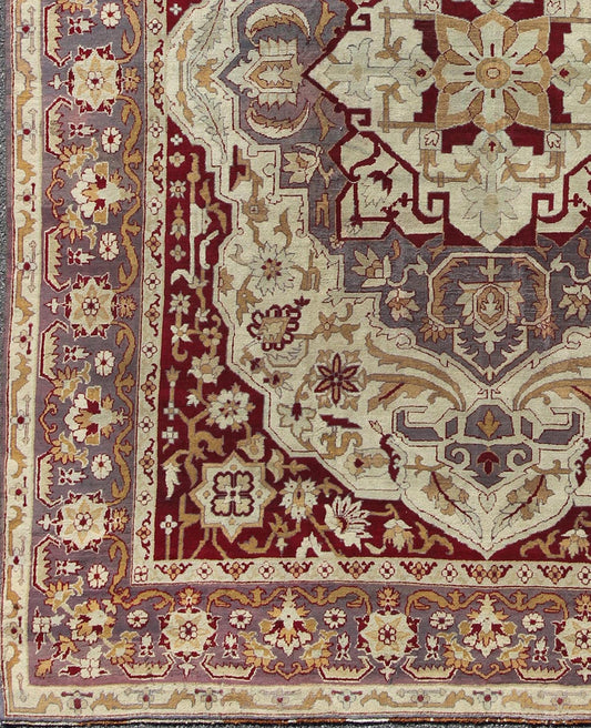 Antique 19th Century Indian Agra Carpet with a Floral Medallion Design in Cream, Maroon, Gold, and Gray/Light Purple. Keivan Woven Arts/ Rug/D - 0101, country of origin / type: India / Agra, circa 1880's. Antique Agra Carpet Measures: 10' x 12'5" ... - Keivan Woven ArtsD - 0101 - 493Rug