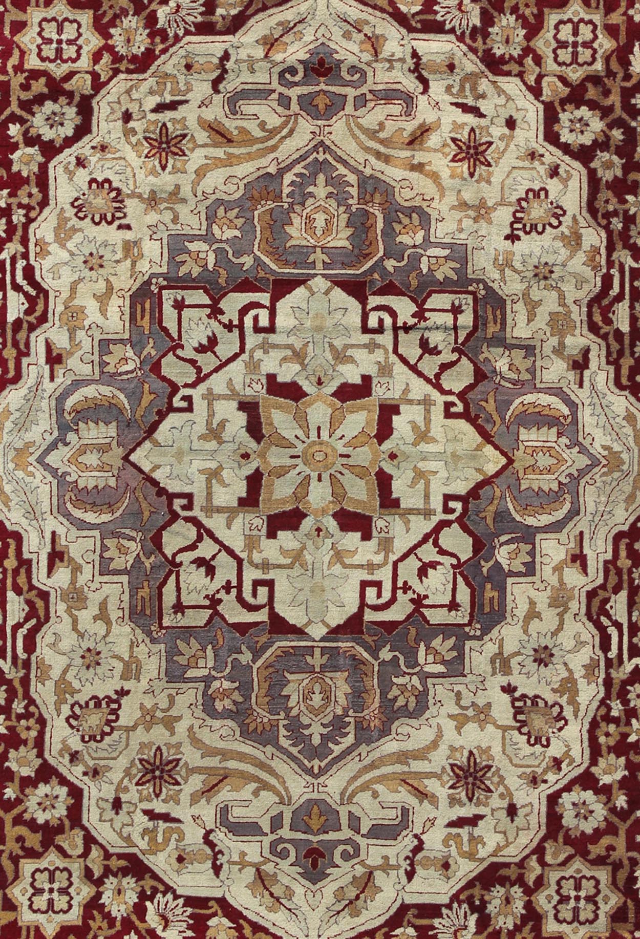 Antique 19th Century Indian Agra Carpet with a Floral Medallion Design in Cream, Maroon, Gold, and Gray/Light Purple. Keivan Woven Arts/ Rug/D - 0101, country of origin / type: India / Agra, circa 1880's. Antique Agra Carpet Measures: 10' x 12'5" ... - Keivan Woven ArtsD - 0101 - 493Rug