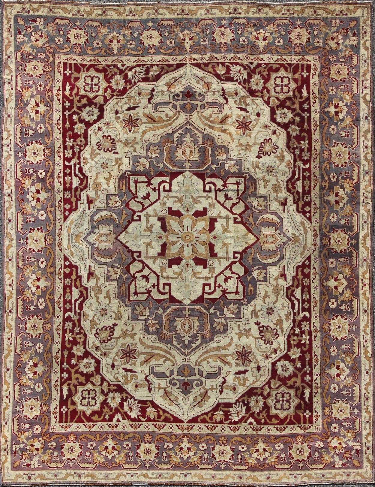 Antique 19th Century Indian Agra Carpet with a Floral Medallion Design in Cream, Maroon, Gold, and Gray/Light Purple. Keivan Woven Arts/ Rug/D - 0101, country of origin / type: India / Agra, circa 1880's. Antique Agra Carpet Measures: 10' x 12'5" ... - Keivan Woven ArtsD - 0101 - 493Rug