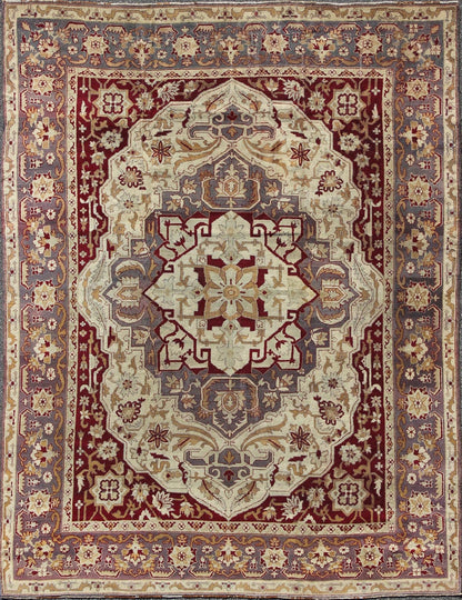Antique 19th Century Indian Agra Carpet with a Floral Medallion Design in Cream, Maroon, Gold, and Gray/Light Purple. Keivan Woven Arts/ Rug/D - 0101, country of origin / type: India / Agra, circa 1880's. Antique Agra Carpet Measures: 10' x 12'5" ... - Keivan Woven ArtsD - 0101 - 493Rug