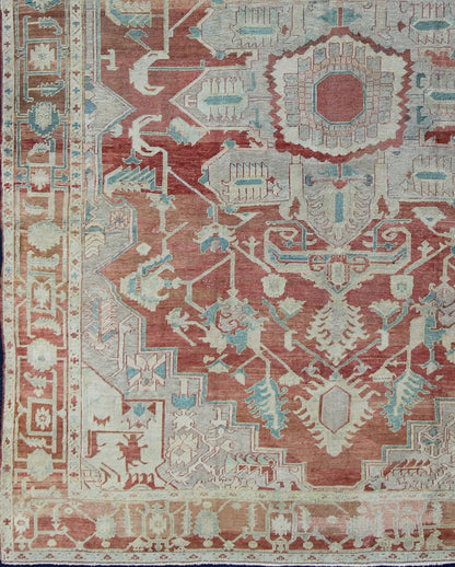 Antique Persian Serapi Rug This late 19th Century Serapi carpet displays an unusually light color palette and geometric design. A large multifaceted medallion of muted grays, taupes, blues and ivory rests upon a field in various shades of soft r... - Keivan Woven ArtsD - 0402 - 463Rug