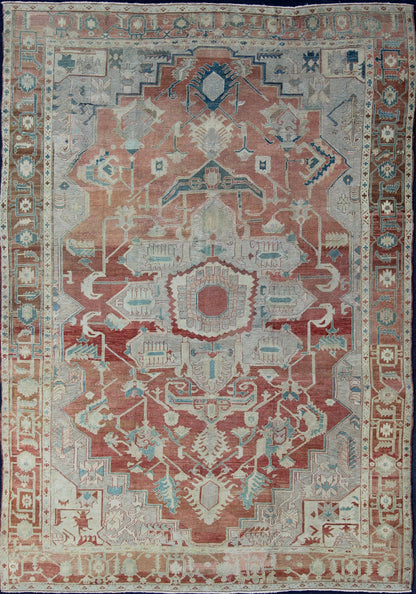 Antique Persian Serapi Rug This late 19th Century Serapi carpet displays an unusually light color palette and geometric design. A large multifaceted medallion of muted grays, taupes, blues and ivory rests upon a field in various shades of soft r... - Keivan Woven ArtsD - 0402 - 463Rug