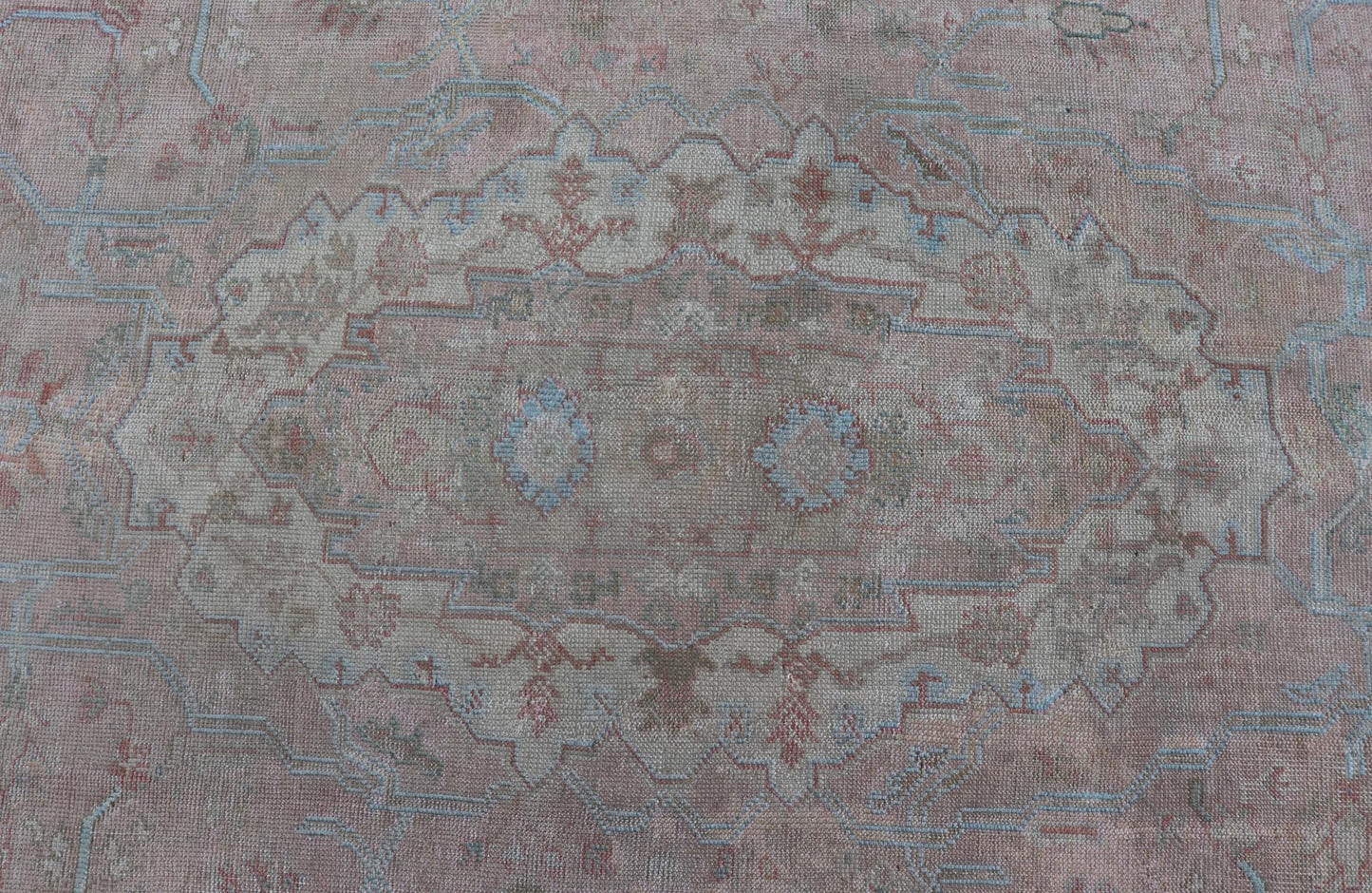 Large Antique Oushak Carpet in Light Pink Background with Light Blue Highlights. Antique Oushak carpet, Keivan Woven Arts / rug D - 0501, country of origin / type: Turkey / Oushak, circa Early - 20th Century. Measures: 11'8'' x 15'1''. This l... - Keivan Woven ArtsD - 0501 - 391Rug
