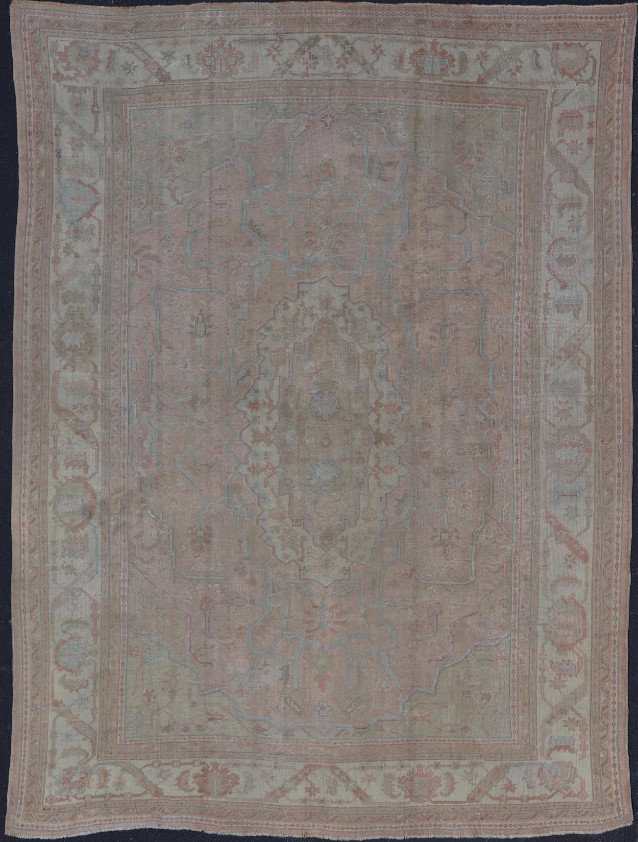 Large Antique Oushak Carpet in Light Pink Background with Light Blue Highlights. Antique Oushak carpet, Keivan Woven Arts / rug D - 0501, country of origin / type: Turkey / Oushak, circa Early - 20th Century. Measures: 11'8'' x 15'1''. This l... - Keivan Woven ArtsD - 0501 - 391Rug