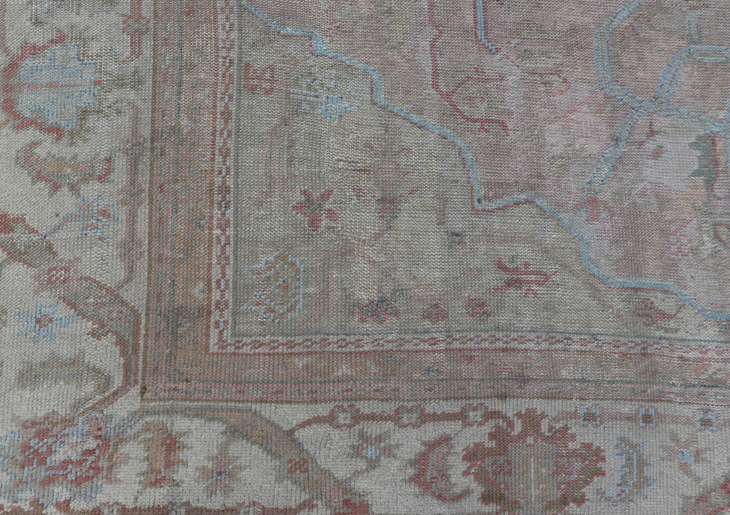 Large Antique Oushak Carpet in Light Pink Background with Light Blue Highlights. Antique Oushak carpet, Keivan Woven Arts / rug D - 0501, country of origin / type: Turkey / Oushak, circa Early - 20th Century. Measures: 11'8'' x 15'1''. This l... - Keivan Woven ArtsD - 0501 - 391Rug