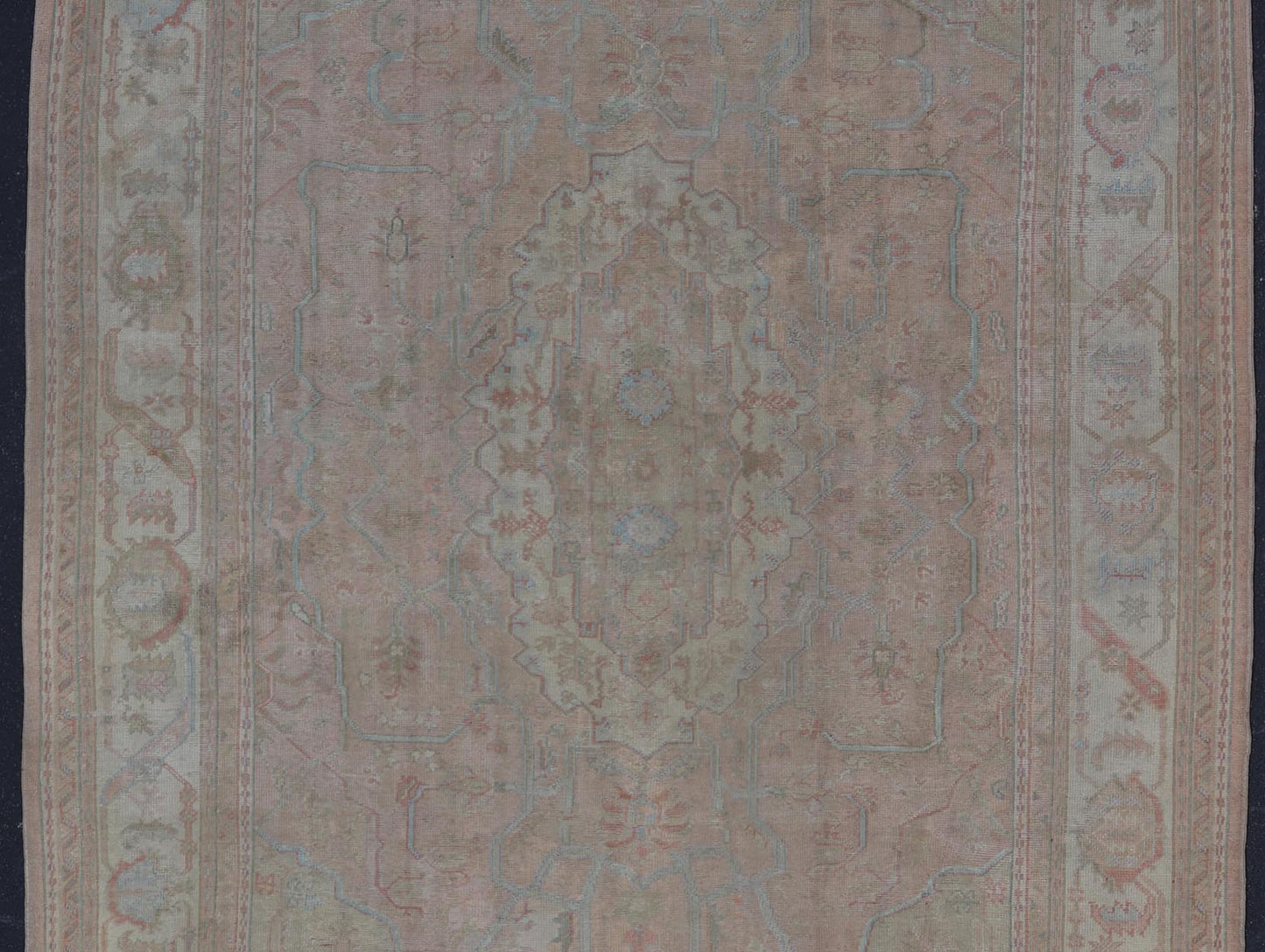 Large Antique Oushak Carpet in Light Pink Background with Light Blue Highlights. Antique Oushak carpet, Keivan Woven Arts / rug D - 0501, country of origin / type: Turkey / Oushak, circa Early - 20th Century. Measures: 11'8'' x 15'1''. This l... - Keivan Woven ArtsD - 0501 - 391Rug