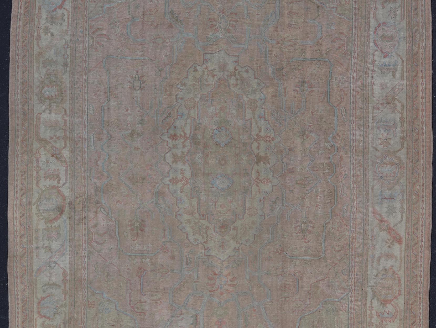 Large Antique Oushak Carpet in Light Pink Background with Light Blue Highlights. Antique Oushak carpet, Keivan Woven Arts / rug D - 0501, country of origin / type: Turkey / Oushak, circa Early - 20th Century. Measures: 11'8'' x 15'1''. This l... - Keivan Woven ArtsD - 0501 - 391Rug