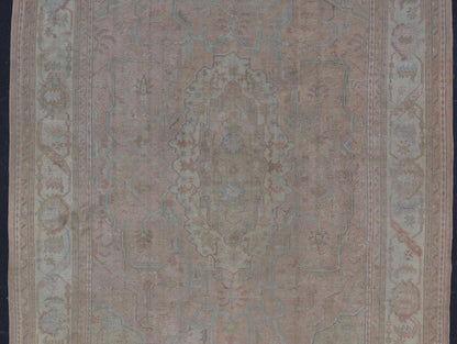 Large Antique Oushak Carpet in Light Pink Background with Light Blue Highlights. Antique Oushak carpet, Keivan Woven Arts / rug D - 0501, country of origin / type: Turkey / Oushak, circa Early - 20th Century. Measures: 11'8'' x 15'1''. This l... - Keivan Woven ArtsD - 0501 - 391Rug