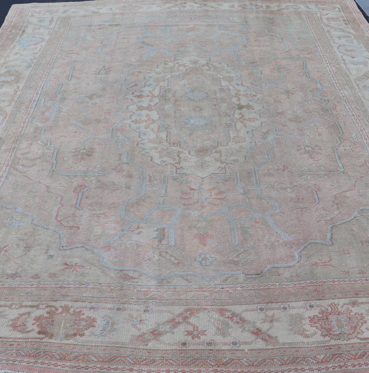 Large Antique Oushak Carpet in Light Pink Background with Light Blue Highlights. Antique Oushak carpet, Keivan Woven Arts / rug D - 0501, country of origin / type: Turkey / Oushak, circa Early - 20th Century. Measures: 11'8'' x 15'1''. This l... - Keivan Woven ArtsD - 0501 - 391Rug