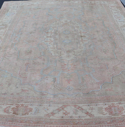 Large Antique Oushak Carpet in Light Pink Background with Light Blue Highlights. Antique Oushak carpet, Keivan Woven Arts / rug D - 0501, country of origin / type: Turkey / Oushak, circa Early - 20th Century. Measures: 11'8'' x 15'1''. This l... - Keivan Woven ArtsD - 0501 - 391Rug