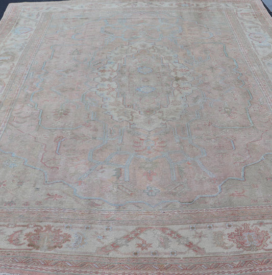 Large Antique Oushak Carpet in Light Pink Background with Light Blue Highlights. Antique Oushak carpet, Keivan Woven Arts / rug D - 0501, country of origin / type: Turkey / Oushak, circa Early - 20th Century. Measures: 11'8'' x 15'1''. This l... - Keivan Woven ArtsD - 0501 - 391Rug