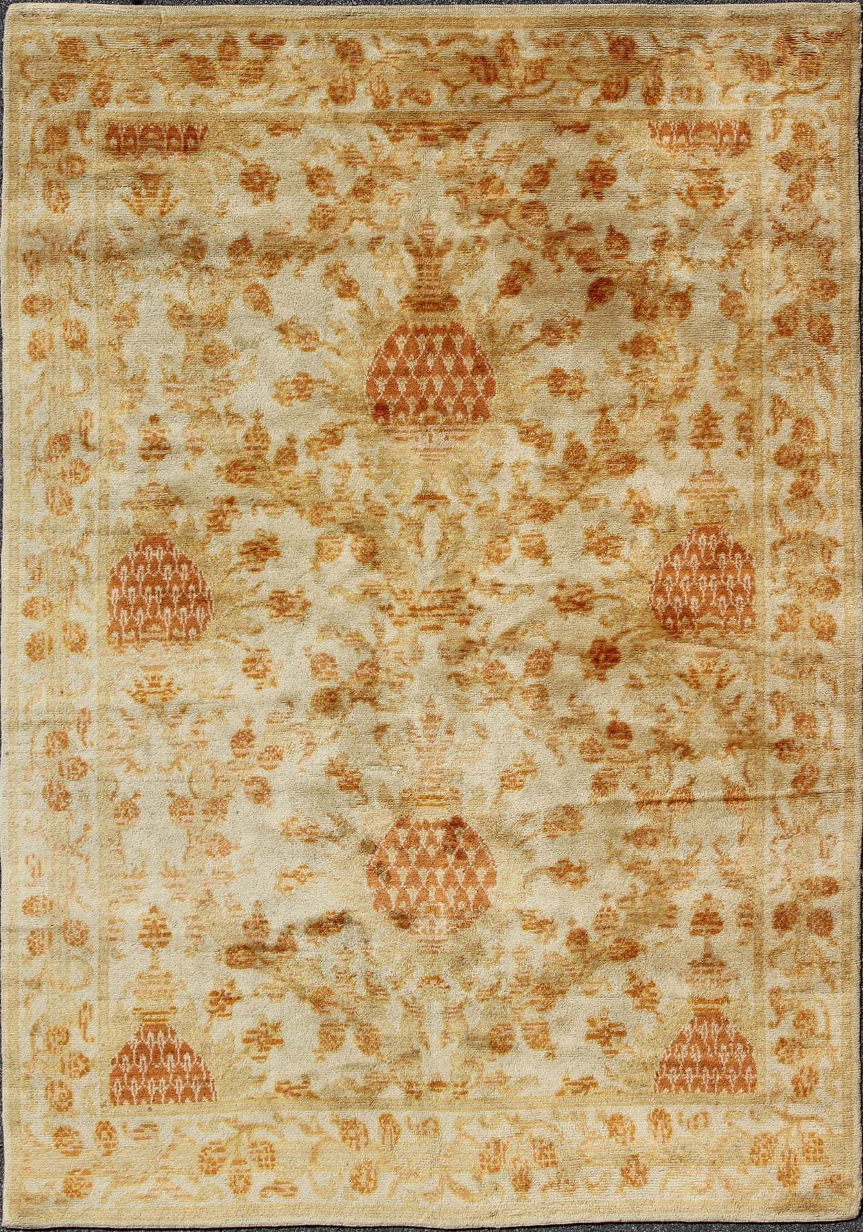 Antique Spanish European Carpet with Pineapple Design in Gold, Cream & Tangerine. Keivan Woven Arts / rug /D - 0506, country of origin / type: Spain / Spanish carpet, circa Early - 20th century Measures: 9' x 12' This unique Spanish carpet, w... - Keivan Woven ArtsD - 0506 - 649Rug