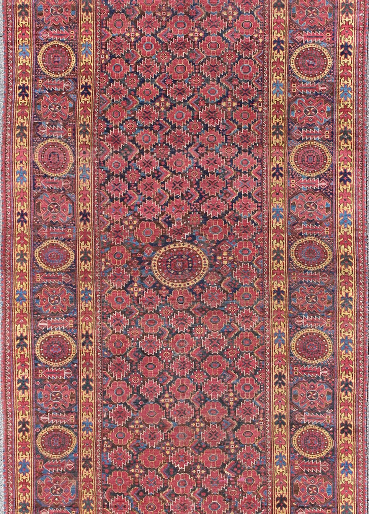 Rare 19th Century Antique Beshir Long Gallery Rug in Unique Colors. Keivan Woven Arts - Antique Beshir, Long Gallery Runner, rug/D - 0508 This impressive antique Beshir rug displays an all - over geometric pattern with intermingled circular medallions.... - Keivan Woven ArtsD - 0508 - 836Rug