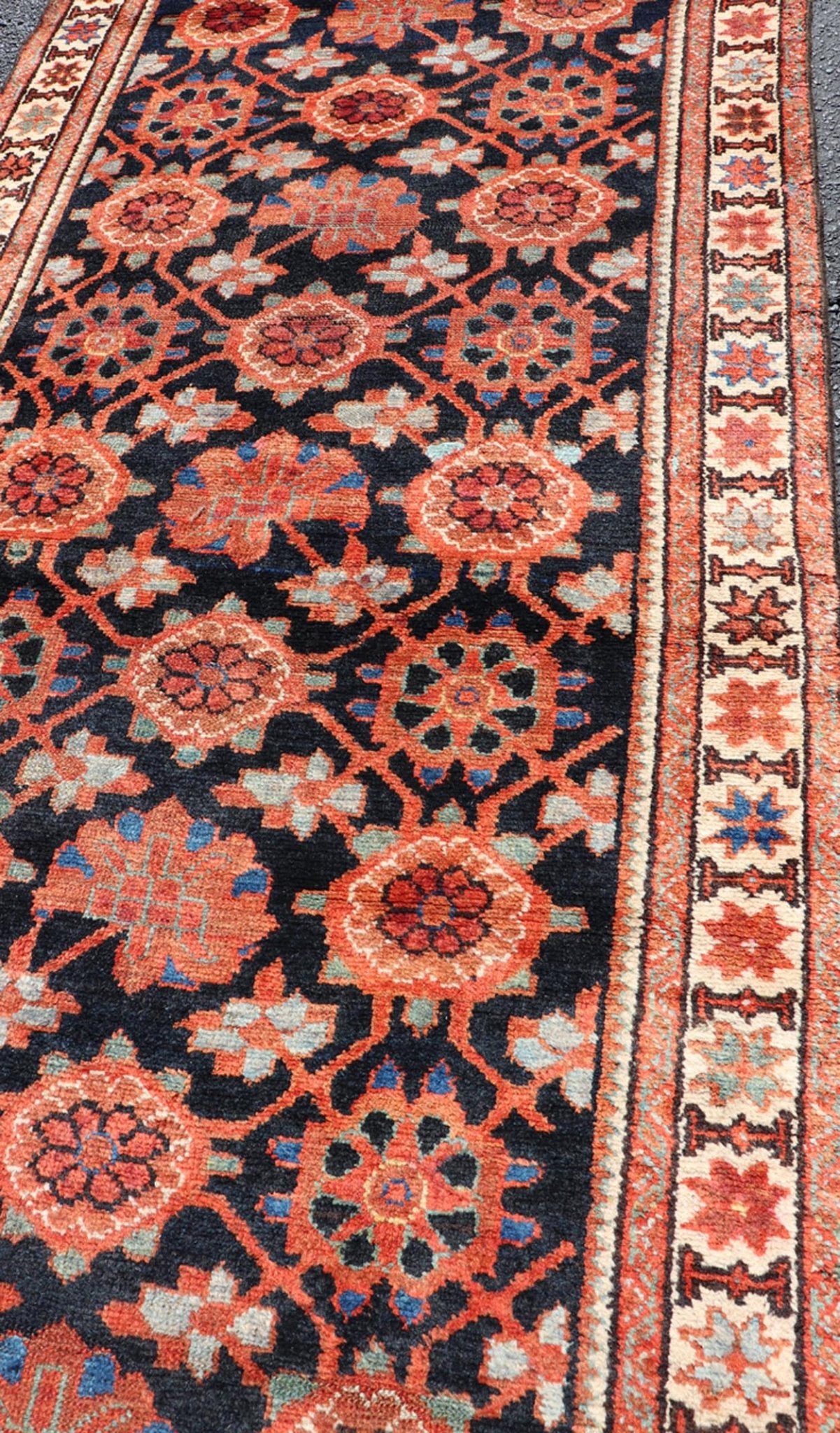 Antique Persian Malayer Runner With Reds and Oranges on a Navy Blue Background Antique Malayer runner from Persia with floral all - over design. Keivan Woven Arts / rug D - 0510, country of origin / type: Iran / Malayer, circa 1920. This anti... - Keivan Woven ArtsD - 0510 - 267Rug
