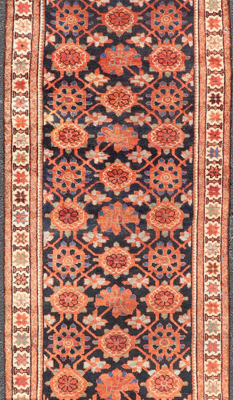 Antique Persian Malayer Runner With Reds and Oranges on a Navy Blue Background Antique Malayer runner from Persia with floral all - over design. Keivan Woven Arts / rug D - 0510, country of origin / type: Iran / Malayer, circa 1920. This anti... - Keivan Woven ArtsD - 0510 - 267Rug