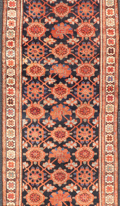 Antique Persian Malayer Runner With Reds and Oranges on a Navy Blue Background Antique Malayer runner from Persia with floral all - over design. Keivan Woven Arts / rug D - 0510, country of origin / type: Iran / Malayer, circa 1920. This anti... - Keivan Woven ArtsD - 0510 - 267Rug