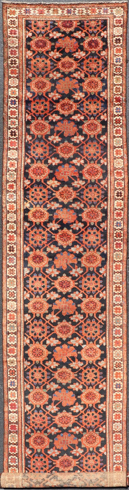 Antique Persian Malayer Runner With Reds and Oranges on a Navy Blue Background Antique Malayer runner from Persia with floral all - over design. Keivan Woven Arts / rug D - 0510, country of origin / type: Iran / Malayer, circa 1920. This anti... - Keivan Woven ArtsD - 0510 - 267Rug