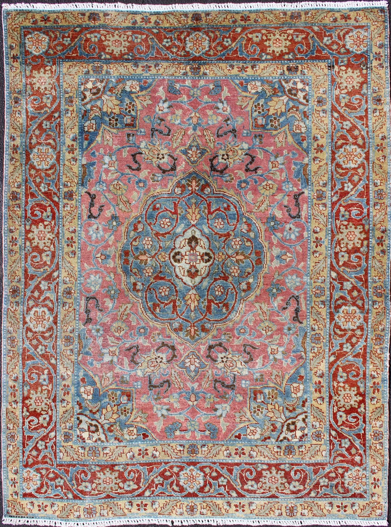 Ornate and Regal Medallion Tabriz rug from Persia, rug d - 0536, country of origin / type: Iran / Tabriz, circa 1920. This regal carpet features a circular, script - style medallion, displaying various floral motifs and complemented by two stretched... - Keivan Woven ArtsD - 0536 - 1042Rug