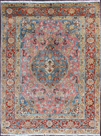 Ornate and Regal Medallion Tabriz rug from Persia, rug d - 0536, country of origin / type: Iran / Tabriz, circa 1920. This regal carpet features a circular, script - style medallion, displaying various floral motifs and complemented by two stretched... - Keivan Woven ArtsD - 0536 - 1042Rug