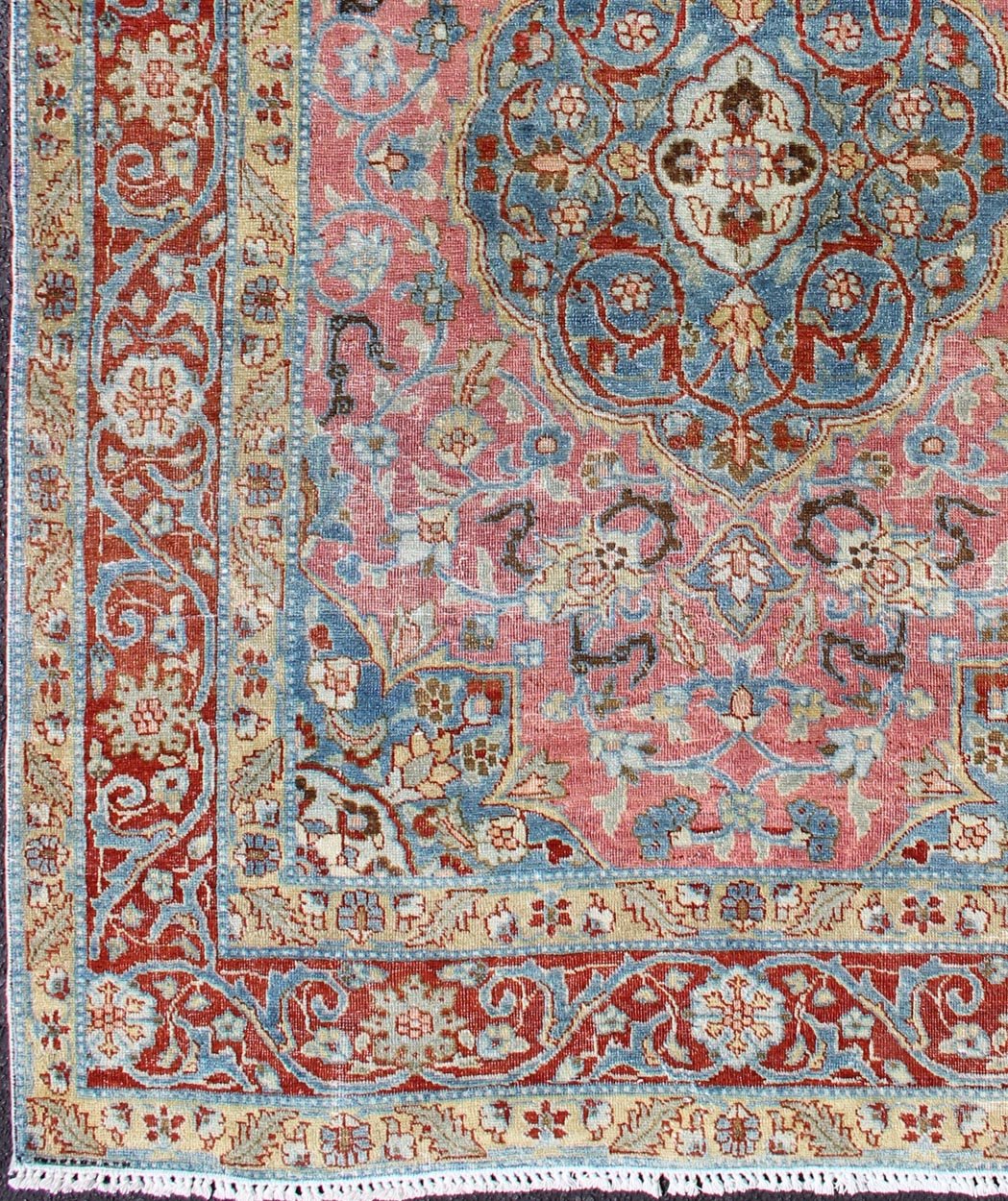 Ornate and Regal Medallion Tabriz rug from Persia, rug d - 0536, country of origin / type: Iran / Tabriz, circa 1920. This regal carpet features a circular, script - style medallion, displaying various floral motifs and complemented by two stretched... - Keivan Woven ArtsD - 0536 - 1042Rug