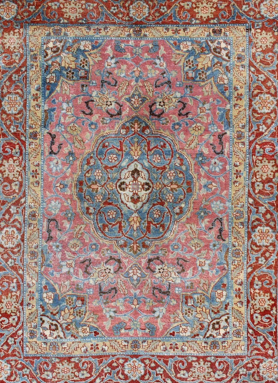 Ornate and Regal Medallion Tabriz rug from Persia, rug d - 0536, country of origin / type: Iran / Tabriz, circa 1920. This regal carpet features a circular, script - style medallion, displaying various floral motifs and complemented by two stretched... - Keivan Woven ArtsD - 0536 - 1042Rug