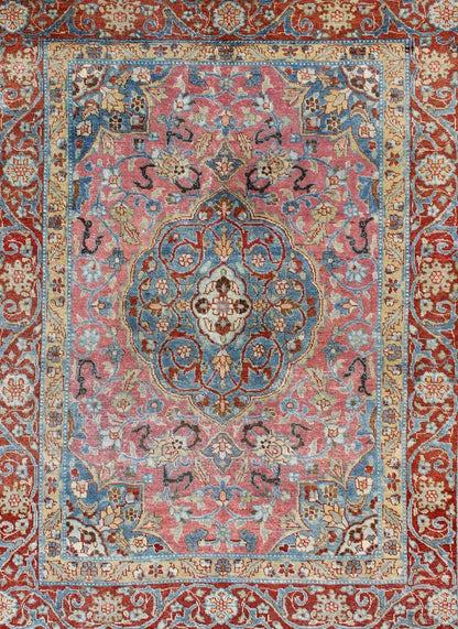 Ornate and Regal Medallion Tabriz rug from Persia, rug d - 0536, country of origin / type: Iran / Tabriz, circa 1920. This regal carpet features a circular, script - style medallion, displaying various floral motifs and complemented by two stretched... - Keivan Woven ArtsD - 0536 - 1042Rug