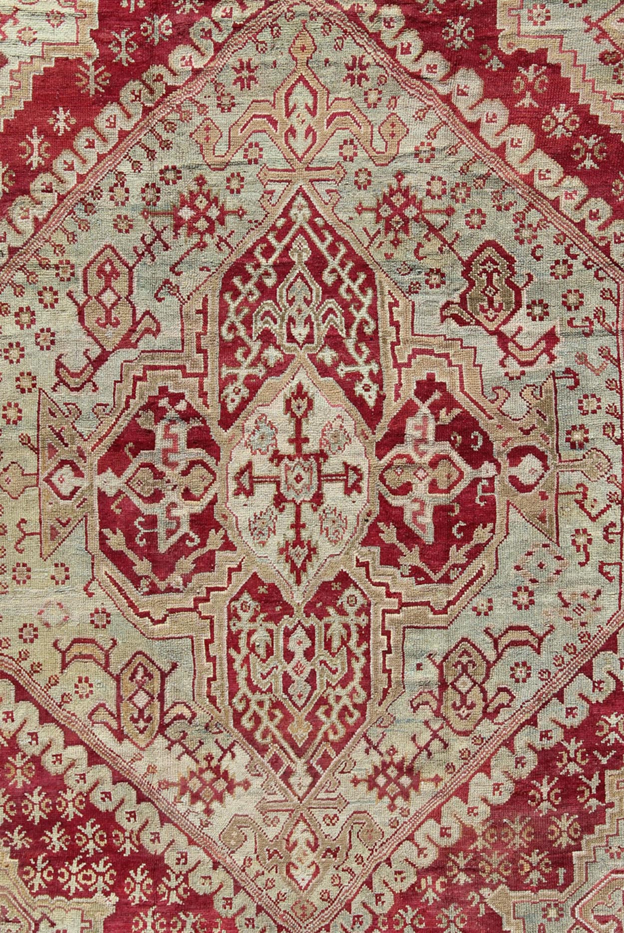 Antique Turkish Ghiordes, 19th Century Oushak Rug in Raspberry Red, Ice Blue & L. Green and geometric medallion, corners and borders Antique Turkish Ghiordes Rug, Keivan Woven Arts/rug/ D - 0904, country of origin / type: Turkey / Ghiordes Oushak... - Keivan Woven ArtsD - 0904 - 655Rug