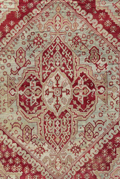Antique Turkish Ghiordes, 19th Century Oushak Rug in Raspberry Red, Ice Blue & L. Green and geometric medallion, corners and borders Antique Turkish Ghiordes Rug, Keivan Woven Arts/rug/ D - 0904, country of origin / type: Turkey / Ghiordes Oushak... - Keivan Woven ArtsD - 0904 - 655Rug