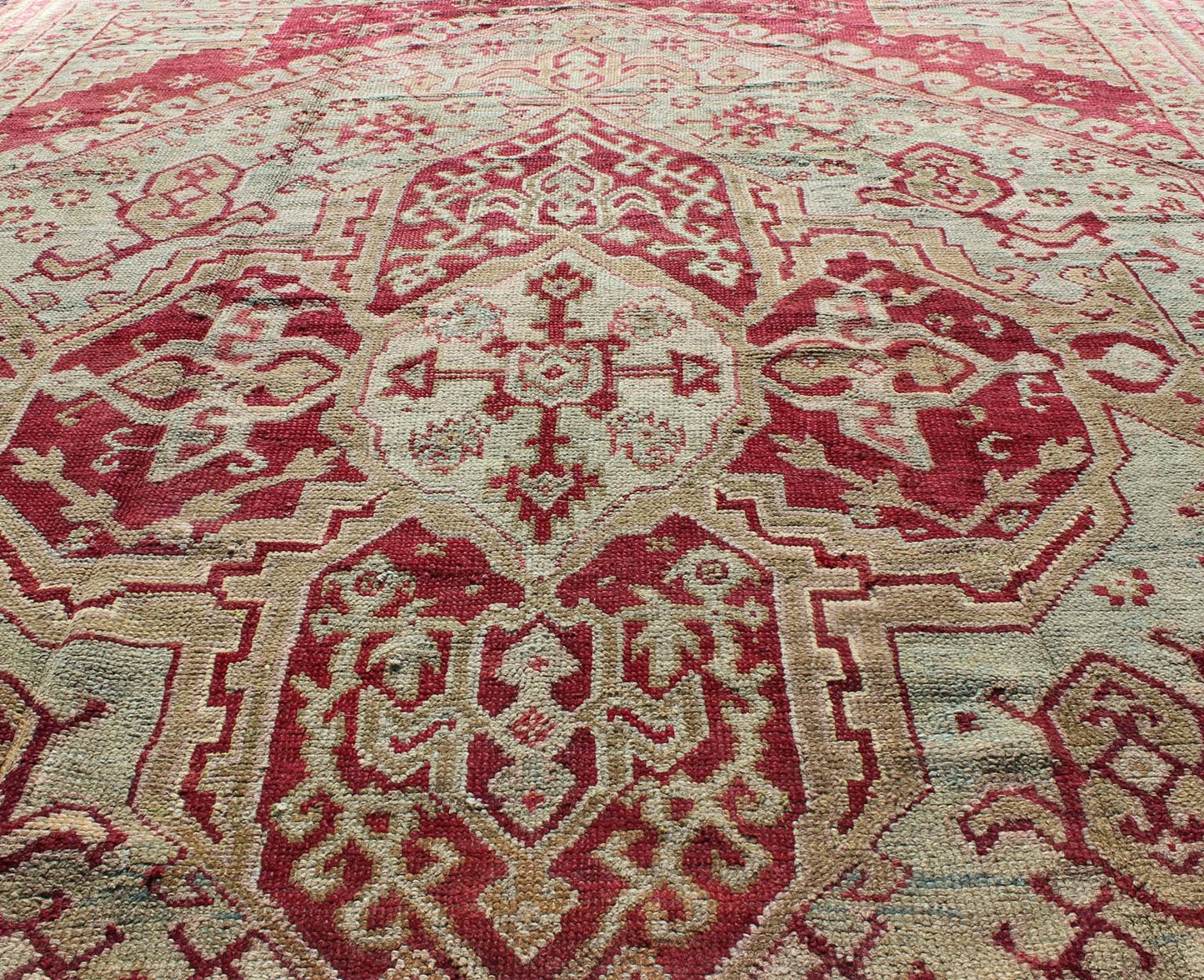 Antique Turkish Ghiordes, 19th Century Oushak Rug in Raspberry Red, Ice Blue & L. Green and geometric medallion, corners and borders Antique Turkish Ghiordes Rug, Keivan Woven Arts/rug/ D - 0904, country of origin / type: Turkey / Ghiordes Oushak... - Keivan Woven ArtsD - 0904 - 655Rug