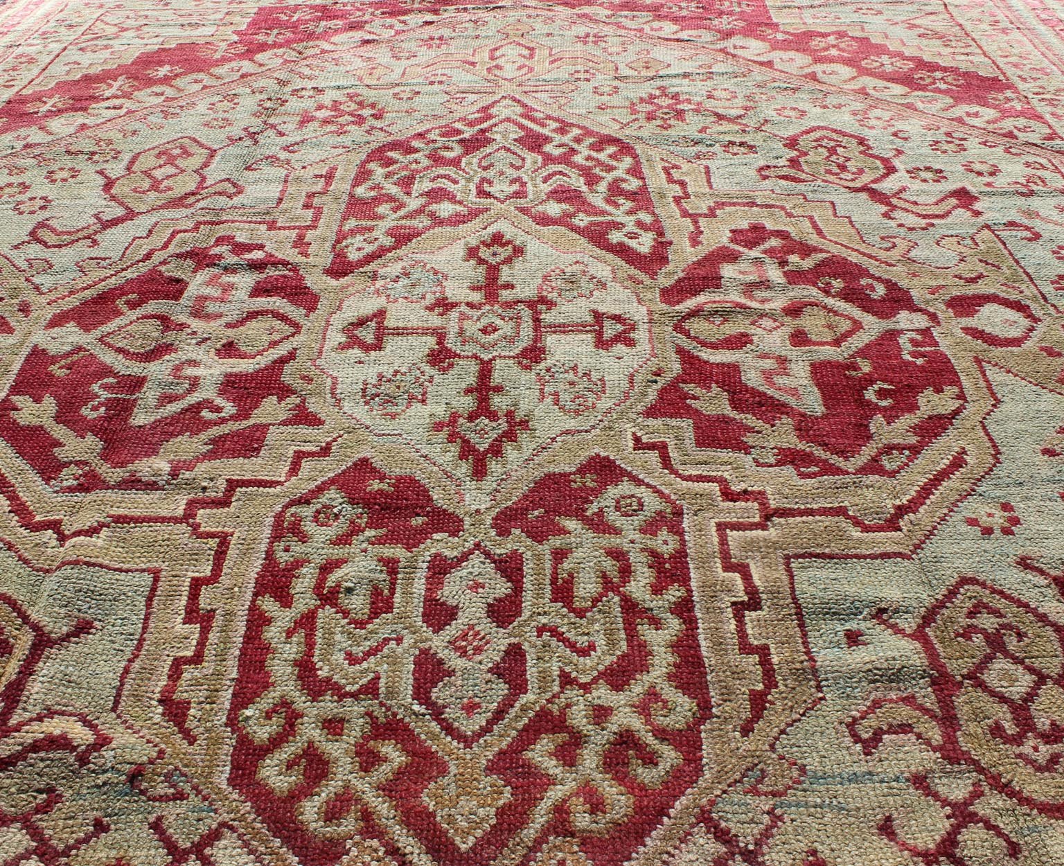 Antique Turkish Ghiordes, 19th Century Oushak Rug in Raspberry Red, Ice Blue & L. Green and geometric medallion, corners and borders Antique Turkish Ghiordes Rug, Keivan Woven Arts/rug/ D - 0904, country of origin / type: Turkey / Ghiordes Oushak... - Keivan Woven ArtsD - 0904 - 655Rug