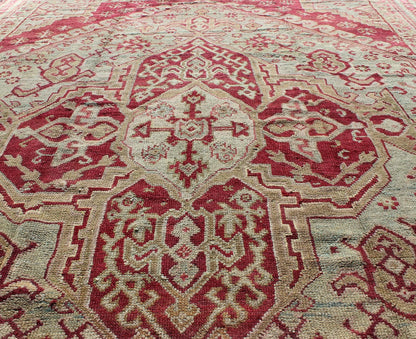 Antique Turkish Ghiordes, 19th Century Oushak Rug in Raspberry Red, Ice Blue & L. Green and geometric medallion, corners and borders Antique Turkish Ghiordes Rug, Keivan Woven Arts/rug/ D - 0904, country of origin / type: Turkey / Ghiordes Oushak... - Keivan Woven ArtsD - 0904 - 655Rug