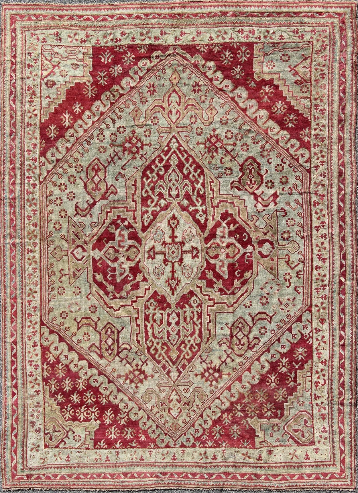 Antique Turkish Ghiordes, 19th Century Oushak Rug in Raspberry Red, Ice Blue & L. Green and geometric medallion, corners and borders Antique Turkish Ghiordes Rug, Keivan Woven Arts/rug/ D - 0904, country of origin / type: Turkey / Ghiordes Oushak... - Keivan Woven ArtsD - 0904 - 655Rug
