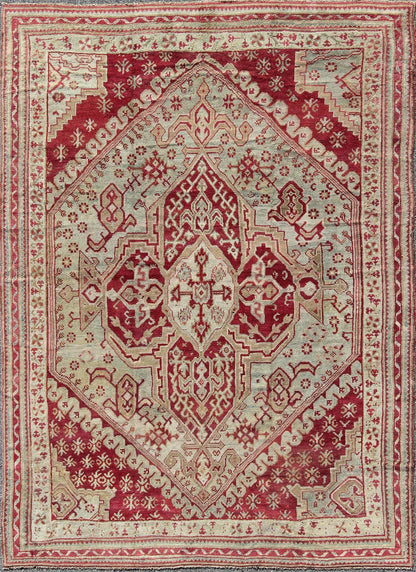 Antique Turkish Ghiordes, 19th Century Oushak Rug in Raspberry Red, Ice Blue & L. Green and geometric medallion, corners and borders Antique Turkish Ghiordes Rug, Keivan Woven Arts/rug/ D - 0904, country of origin / type: Turkey / Ghiordes Oushak... - Keivan Woven ArtsD - 0904 - 655Rug