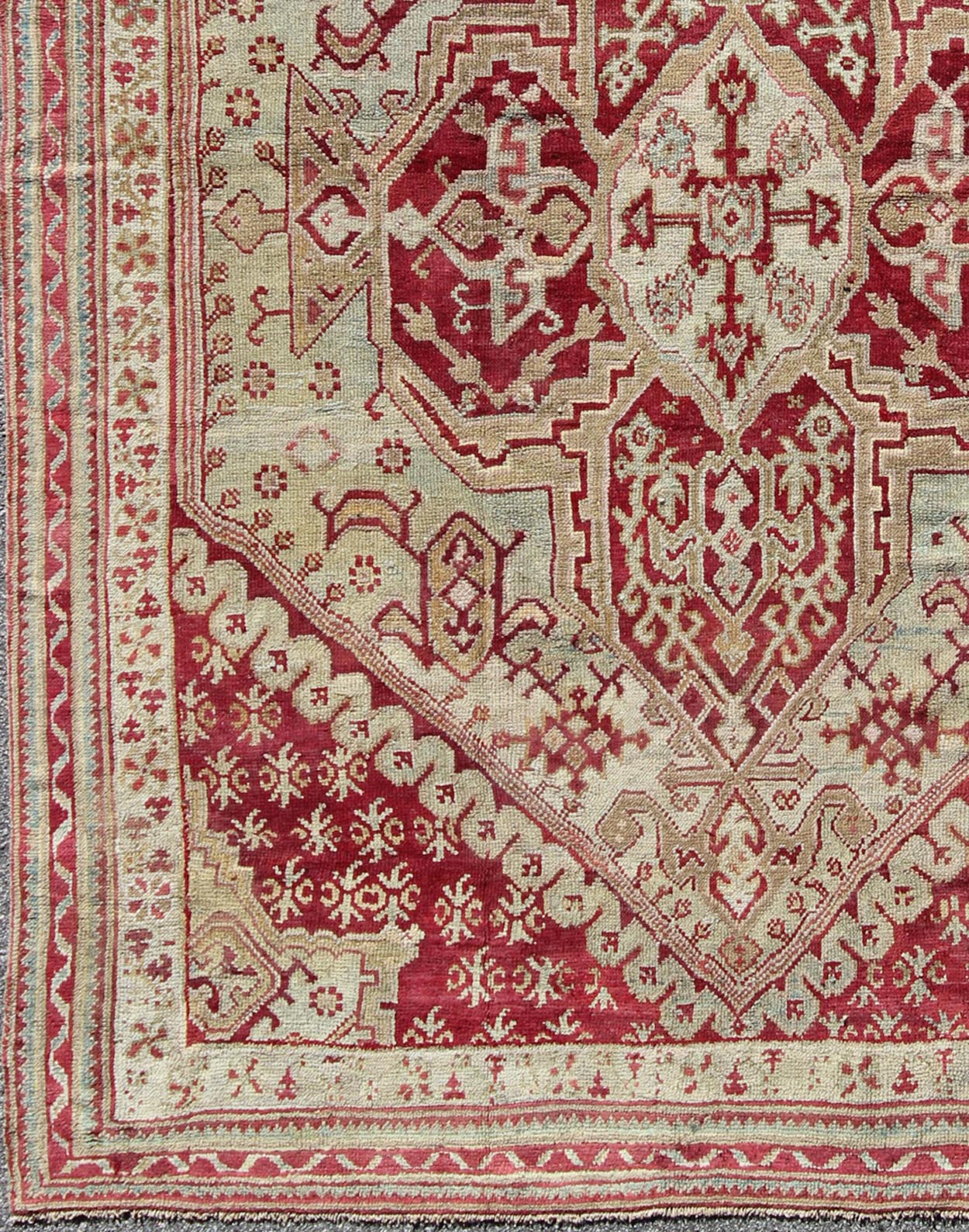 Antique Turkish Ghiordes, 19th Century Oushak Rug in Raspberry Red, Ice Blue & L. Green and geometric medallion, corners and borders Antique Turkish Ghiordes Rug, Keivan Woven Arts/rug/ D - 0904, country of origin / type: Turkey / Ghiordes Oushak... - Keivan Woven ArtsD - 0904 - 655Rug