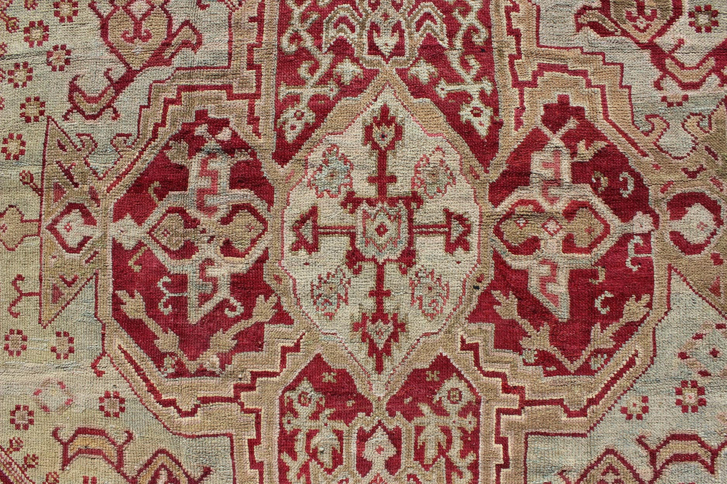 Antique Turkish Ghiordes, 19th Century Oushak Rug in Raspberry Red, Ice Blue & L. Green and geometric medallion, corners and borders Antique Turkish Ghiordes Rug, Keivan Woven Arts/rug/ D - 0904, country of origin / type: Turkey / Ghiordes Oushak... - Keivan Woven ArtsD - 0904 - 655Rug