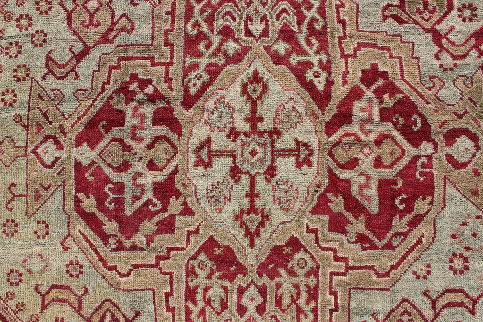 Antique Turkish Ghiordes, 19th Century Oushak Rug in Raspberry Red, Ice Blue & L. Green and geometric medallion, corners and borders Antique Turkish Ghiordes Rug, Keivan Woven Arts/rug/ D - 0904, country of origin / type: Turkey / Ghiordes Oushak... - Keivan Woven ArtsD - 0904 - 655Rug
