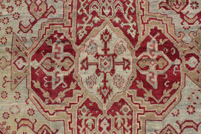 Antique Turkish Ghiordes, 19th Century Oushak Rug in Raspberry Red, Ice Blue & L. Green and geometric medallion, corners and borders Antique Turkish Ghiordes Rug, Keivan Woven Arts/rug/ D - 0904, country of origin / type: Turkey / Ghiordes Oushak... - Keivan Woven ArtsD - 0904 - 655Rug