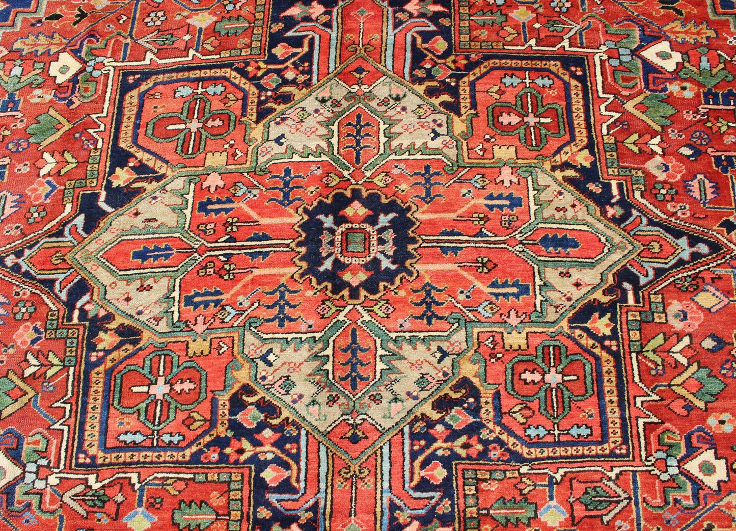 Colorful Antique Persian Heriz - Serapi With Geometric Medallion Design. Keivan Woven Arts / Rug / D - 0907 / country of origin / type: Iran /Heriz, circa 1920's. Measures: 9'5 x 12'. Made in the early 20th century, this charming Heriz - Serapi with a... - Keivan Woven ArtsD - 0907 - 521Rug