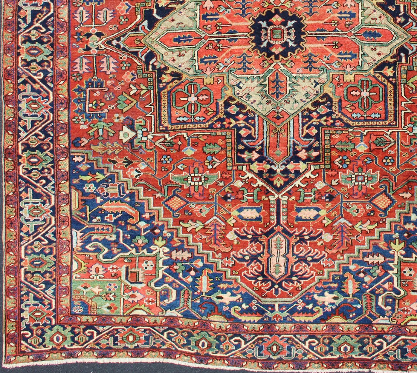 Colorful Antique Persian Heriz - Serapi With Geometric Medallion Design. Keivan Woven Arts / Rug / D - 0907 / country of origin / type: Iran /Heriz, circa 1920's. Measures: 9'5 x 12'. Made in the early 20th century, this charming Heriz - Serapi with a... - Keivan Woven ArtsD - 0907 - 521Rug