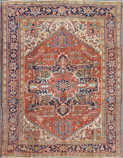 Antique Colorful Persian Heriz Rug with Geometric Patterns and Intricate Design. Keivan Woven Arts / rug D - 0927, country of origin / type: Iran / Heriz, Heriz - Serapi , circa 1920 Measures: 8'3 x 10'4 This magnificent antique Persian He... - Keivan Woven ArtsD - 0927 - 758Rug