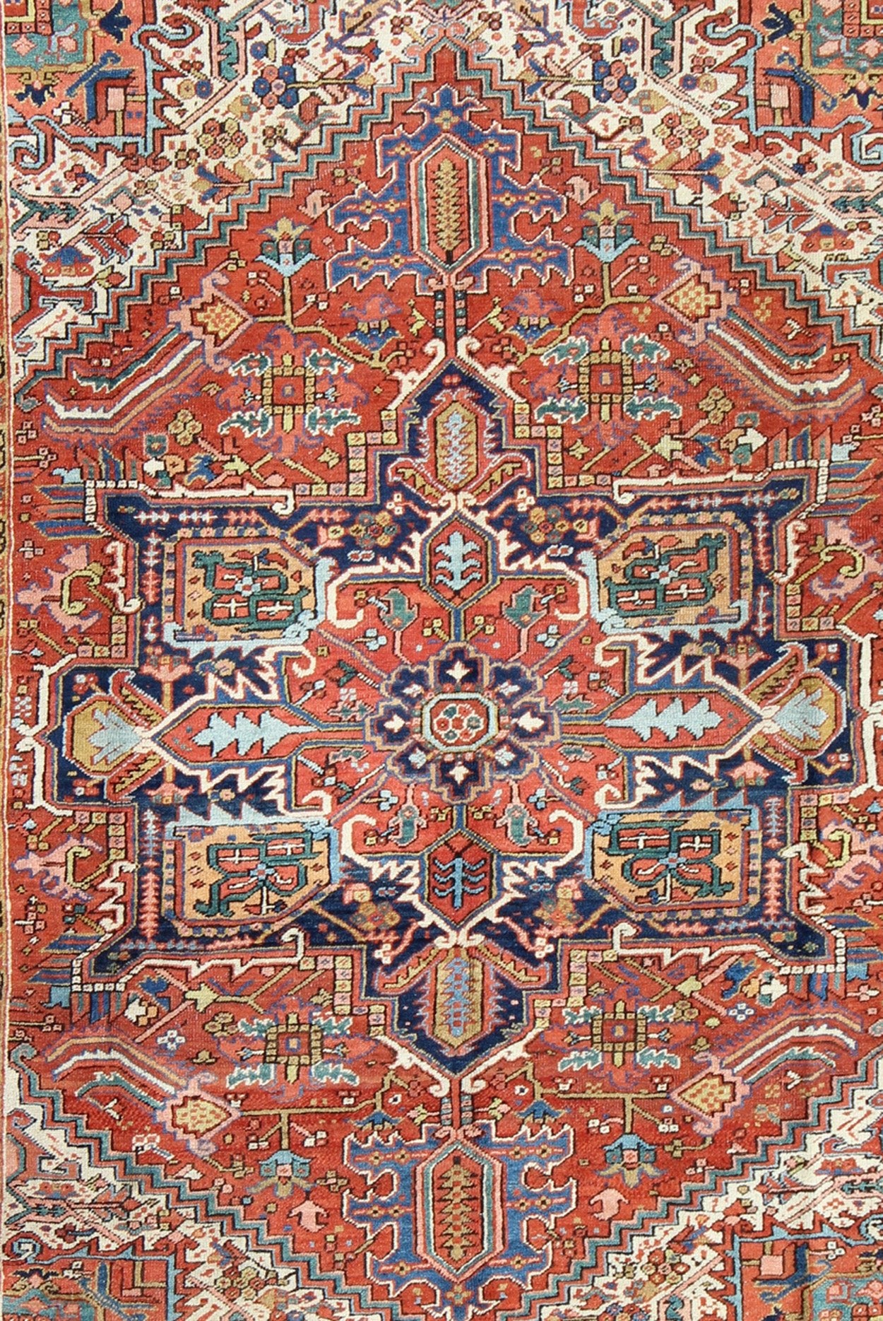 Antique Colorful Persian Heriz Rug with Geometric Patterns and Intricate Design. Keivan Woven Arts / rug D - 0927, country of origin / type: Iran / Heriz, Heriz - Serapi , circa 1920 Measures: 8'3 x 10'4 This magnificent antique Persian He... - Keivan Woven ArtsD - 0927 - 758Rug