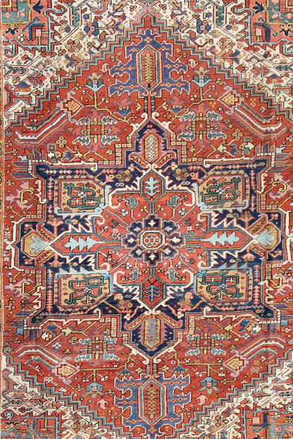 Antique Colorful Persian Heriz Rug with Geometric Patterns and Intricate Design. Keivan Woven Arts / rug D - 0927, country of origin / type: Iran / Heriz, Heriz - Serapi , circa 1920 Measures: 8'3 x 10'4 This magnificent antique Persian He... - Keivan Woven ArtsD - 0927 - 758Rug