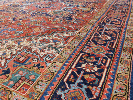 Antique Colorful Persian Heriz Rug with Geometric Patterns and Intricate Design. Keivan Woven Arts / rug D - 0927, country of origin / type: Iran / Heriz, Heriz - Serapi , circa 1920 Measures: 8'3 x 10'4 This magnificent antique Persian He... - Keivan Woven ArtsD - 0927 - 758Rug