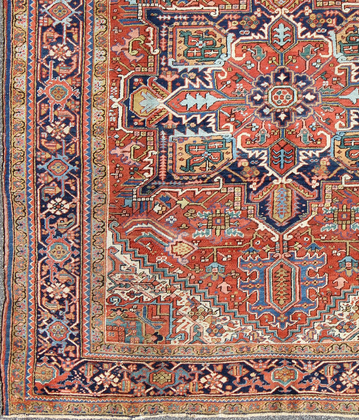 Antique Colorful Persian Heriz Rug with Geometric Patterns and Intricate Design. Keivan Woven Arts / rug D - 0927, country of origin / type: Iran / Heriz, Heriz - Serapi , circa 1920 Measures: 8'3 x 10'4 This magnificent antique Persian He... - Keivan Woven ArtsD - 0927 - 758Rug