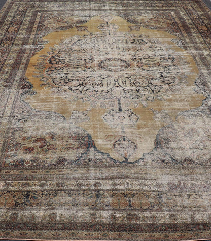 19th Century Lavar Kerman Rug with Gold, Sand - and Camel - Colored Tones This magnificent antique Kerman carpet from the third quarter of 19th century is an absolutely stunning achievement of Persian craftsmanship and design. It was expertly woven... - Keivan Woven ArtsD - 0929 - 2627Rug