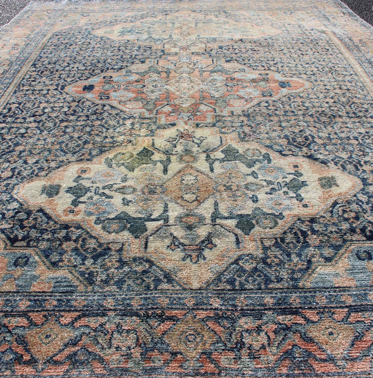 Fine Antique Persian Seneh Rug in Steel Blue Background and Multi colors. rug/D - 1004, country of origin / type: Iran / Seneh, Kurdistan Fine antique Persian Seneh rug in steel and gray blue background This intricate and finely woven antique r... - Keivan Woven ArtsD - 1004 - 1046Rug